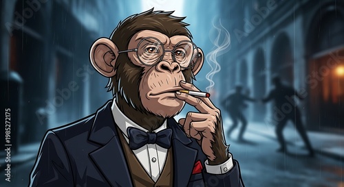 Sophisticated Monkey in Suit Smoking Cigarette in Alleyway.