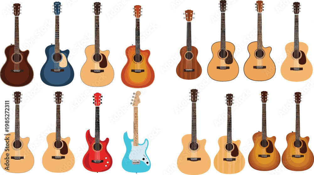 Naklejka premium Acoustic and Electric Guitar Collection with Musical String Instruments in Various Styles Isolated Vector Design Set