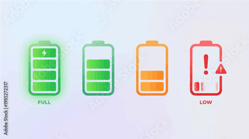 Battery level indicator icons: full, high, low, and critical error status.
