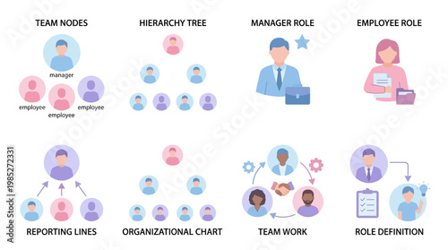 A vector set illustrating various business teamwork concepts including team nodes, hierarchy tree, manager role, employee role, reporting lines, organizational chart, team work, and role definition.