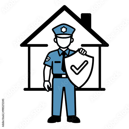 Police Officer Protecting Home with Shield Icon