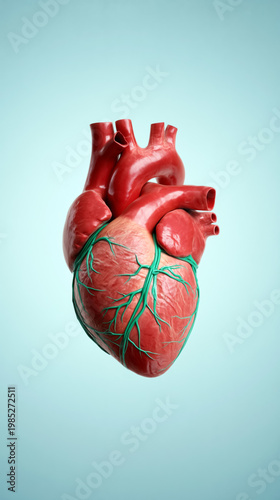 Detailed anatomical model of human heart with visible arteries and veins