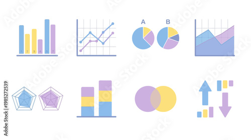 Infographic vector set displaying various colorful graphs and charts for data analysis and presentation.