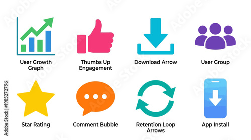 A vector set of colorful icons depicting user engagement metrics and mobile app installation on a screen.