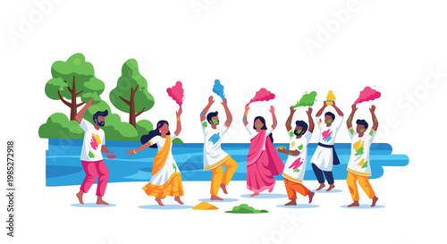Illustration of people celebrating Holi with colorful powders in a lively outdoor setting with trees and a blue background.