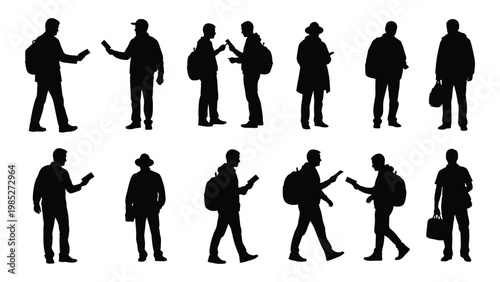 A collection of silhouetted figures depicting people walking and interacting with mobile phones high quality professional