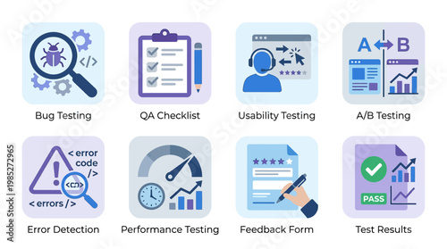 A comprehensive vector set of software testing icons featuring bug testing, QA checklists, usability testing, A/B testing, error detection, performance testing, feedback forms, and test results.