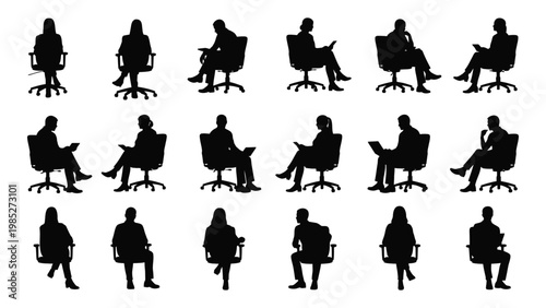 A collection of black silhouettes depicting people seated in various office chairs and postures high quality