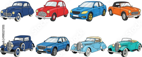 Classic Car Collection Set with Vintage and Modern Convertible Vehicles Vector Illustration Design