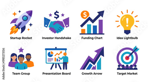 Business vector set illustrating startup growth with icons of rocket, handshake, chart, lightbulb, team, board, arrow, and target market