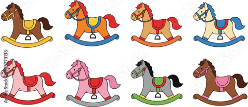 Colorful Rocking Horse Toy Collection with Cute Wooden Nursery Ride Animals for Kids Playroom Vector Design Set