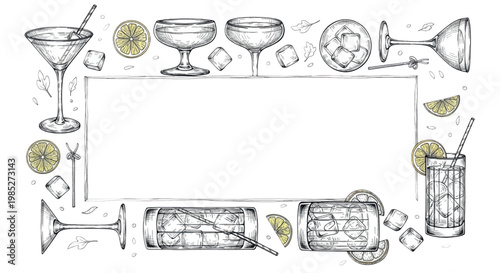 Cocktail, drink, bar, illustration, vector, martini glass, mixed drinks, beverage, border, frame
