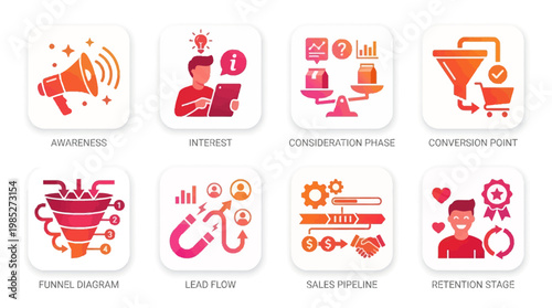Vector set of business icons illustrating marketing strategy with awareness, interest, conversion, and retention status