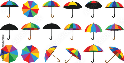 Colorful Umbrella Collection with Rainbow Rain Parasols in Open and Closed Styles Isolated Vector Design Set