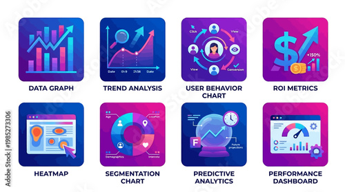 A vector set of business analytics icons featuring data graph, trend analysis, user behavior chart, ROI metrics, heatmap, segmentation chart, predictive analytics, and performance dashboard.