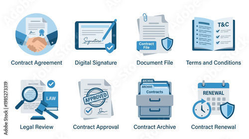 Business vector set illustrating contract agreement process with digital signatures and legal document files in office environment from a professional viewpoint.