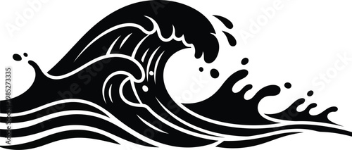 Tableau sur toile Black silhouette of a crashing ocean wave on white background