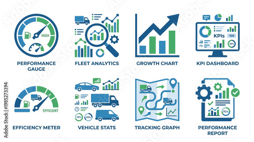 A vector set of business and technology icons including performance gauges, fleet analytics, and growth charts for KPI dashboards and vehicle stats.