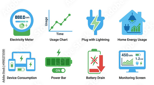 Vector set of various icons illustrating home energy usage and device consumption monitoring with electricity meter, usage chart, plug, and power bar.