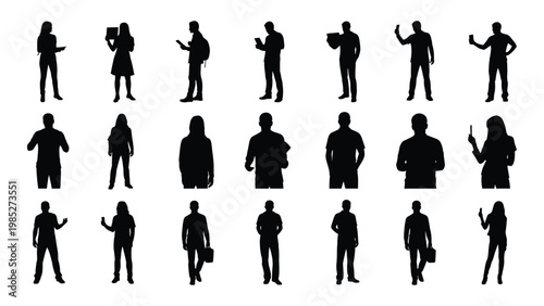 A collection of black silhouettes depicts diverse people in various standing poses and activities high quality