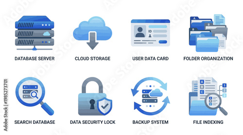 A vector set of database server icons depicting cloud storage, user data card, and folder organization with search database, data security lock, backup system, and file indexing.