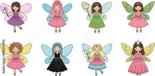 Cute Fairy Girl Character Collection Set with Magical Wings and Princess Dresses Vector Illustration Design for Kids Fantasy Theme