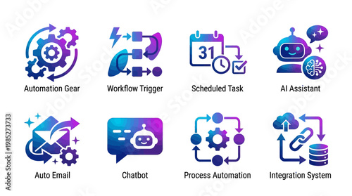 A vector set of modern business automation icons featuring workflow triggers and AI assistants for process optimization.