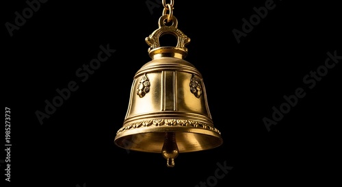 Gleaming, ornate brass bell suspended by a chain, set against a stark, black background