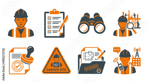 Construction workers with safety gear and tools vector set on a construction site with machinery and warning signs.