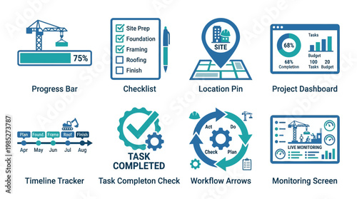 A vector set of business workflow icons depicting project management elements including progress, tasks, and monitoring on a dashboard.