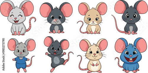 Cute Mouse Cartoon Collection with Adorable Little Mice Characters in Different Colors and Poses Vector Design Set