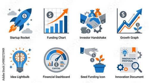 A vector set of business icons depicting startup concepts including a rocket, funding charts, and innovation documents for entrepreneurs and investors in a modern office setting.