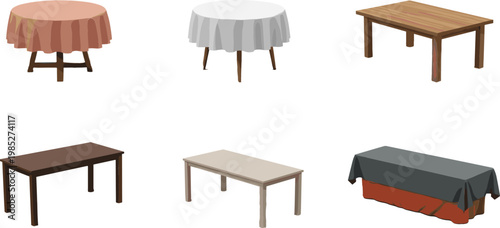 Dining Table Collection Set with Wooden Furniture and Covered Tables for Home Interior Vector Illustration Design