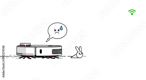 Robot vacuum cleaner struggling to clean, cartoon style, with a confused bunny character.