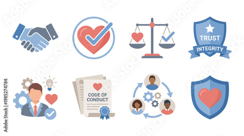 A vector set of business integrity icons depicting trust, ethics, and code of conduct in a professional environment with handshake, heart, and shield.