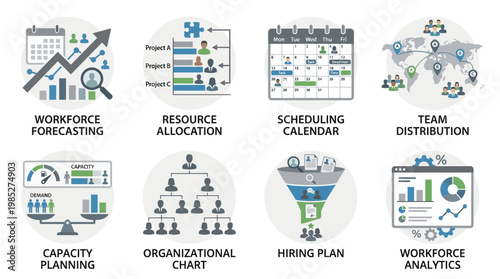 Vector set of business planning icons including workforce forecasting, resource allocation, scheduling calendar, and team distribution illustrations for organizational management.