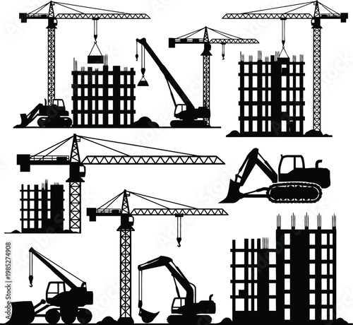 Construction site with cranes and excavators building skyscrapers and infrastructure projects