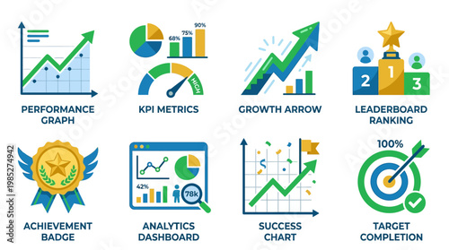 A vector set of business icons including performance graphs, metrics, and achievement badges for analytics and success.