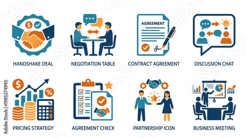 Business vector set illustrating various corporate concepts including agreement, partnership, and strategy in a professional environment.