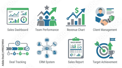Business vector set of various sales dashboard and management icons including sales report and deal tracking.