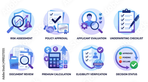 A vector set of insurance icons depicting various processes including risk assessment, policy approval, and eligibility verification in a business environment with illustrations.
