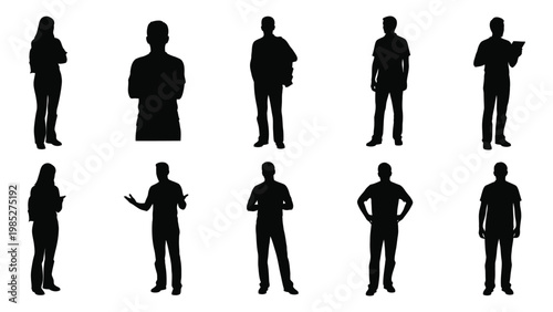 A collection of ten black silhouettes depicting diverse people in various casual standing poses high quality