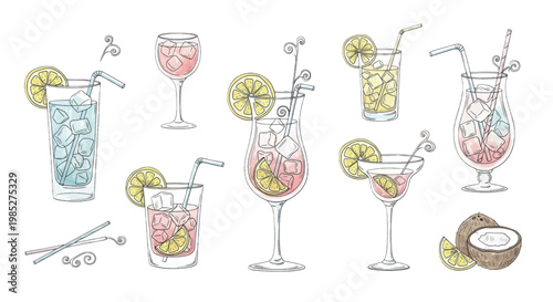 Cocktail illustrations, drink set, vector, 8 glasses, citrus, tropical