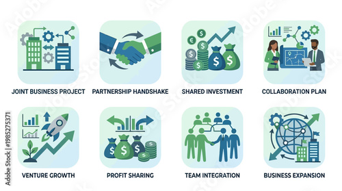 Vector set of business partnership icons depicting joint project, handshake, shared investment, and team integration for growth.
