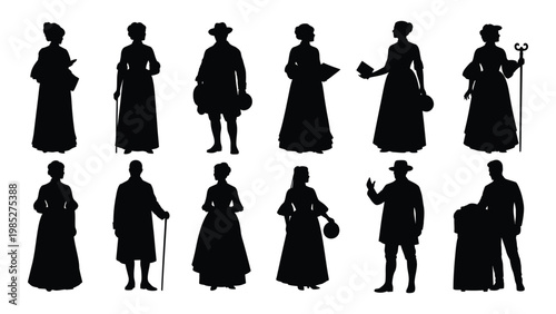 A collection of black silhouette figures depicting people in historical attire including women and men