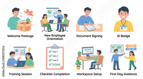 New employee onboarding process vector set with welcome package, document signing, and workspace setup illustrations