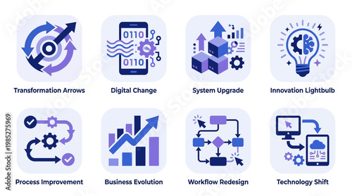 Business evolution vector set illustrating transformation arrows, digital change, system upgrade, innovation lightbulbs, and process improvement icons for workflow redesign and technology shift.