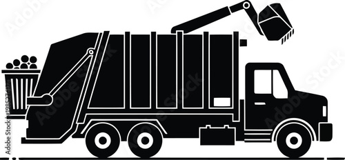 black garbage truck with arm lifting a trash can