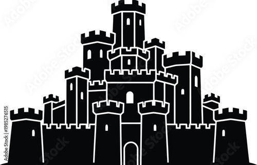 black and white silhouette of a medieval castle with towers and battlements on isolated background