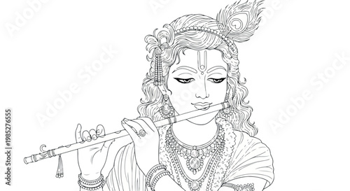 Line drawing of a Hindu deity playing a flute with traditional Indian attire and accessories on a white background.